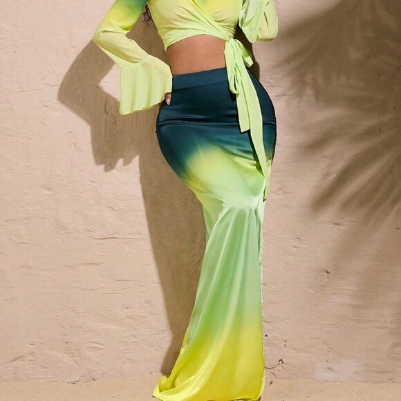 Green Sexy Women's Summer Beach Vacation Gradient Color Slit Maxi Skirt - Picture 6 of 8
